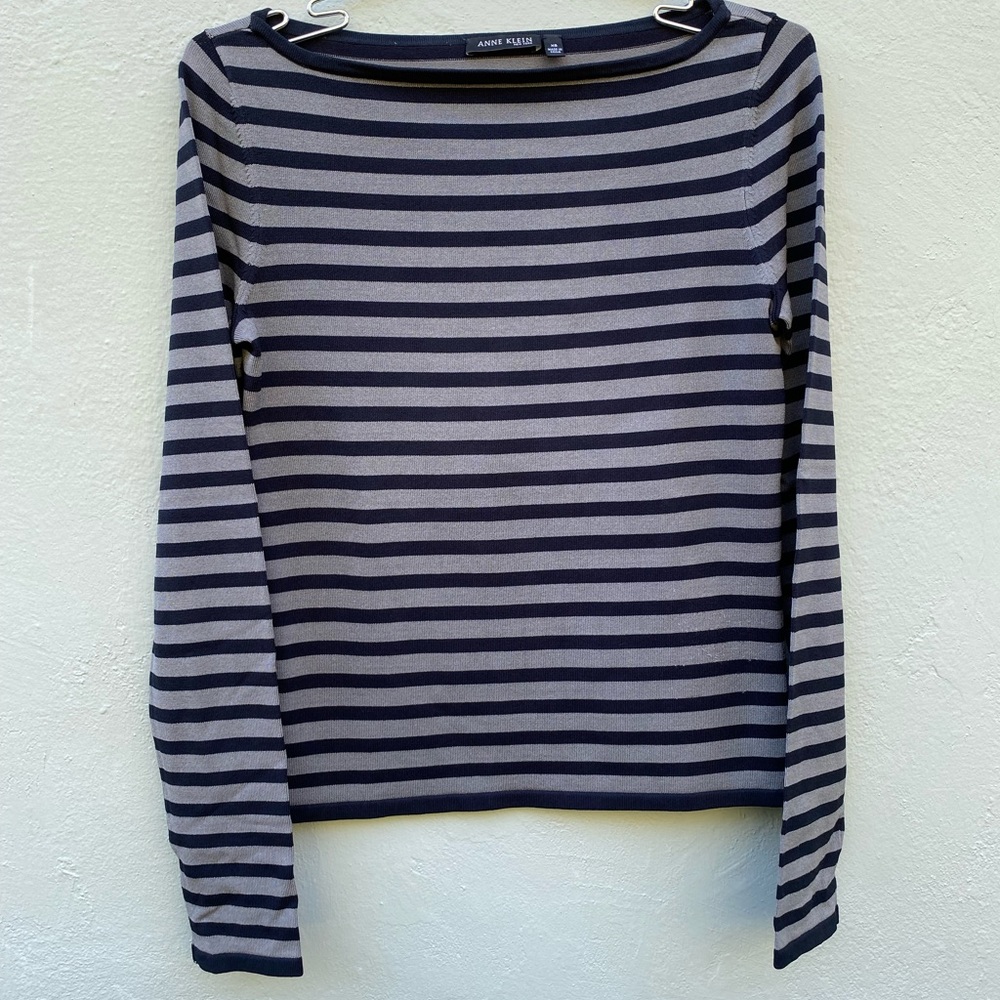 Anne Klein navy blue and grey strip sweater